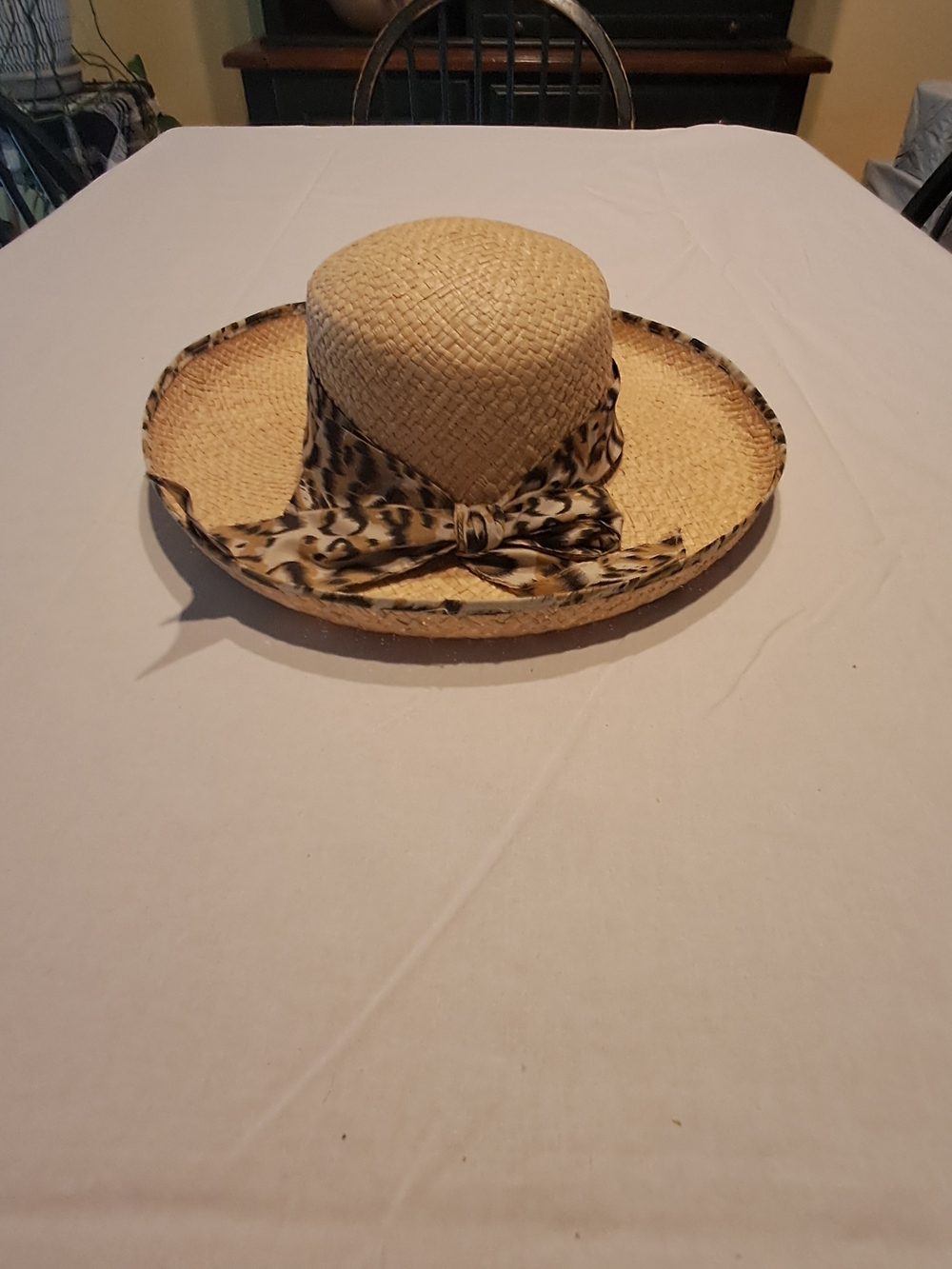 Straw Sun Hat with Leopard Print Scarf - Natural